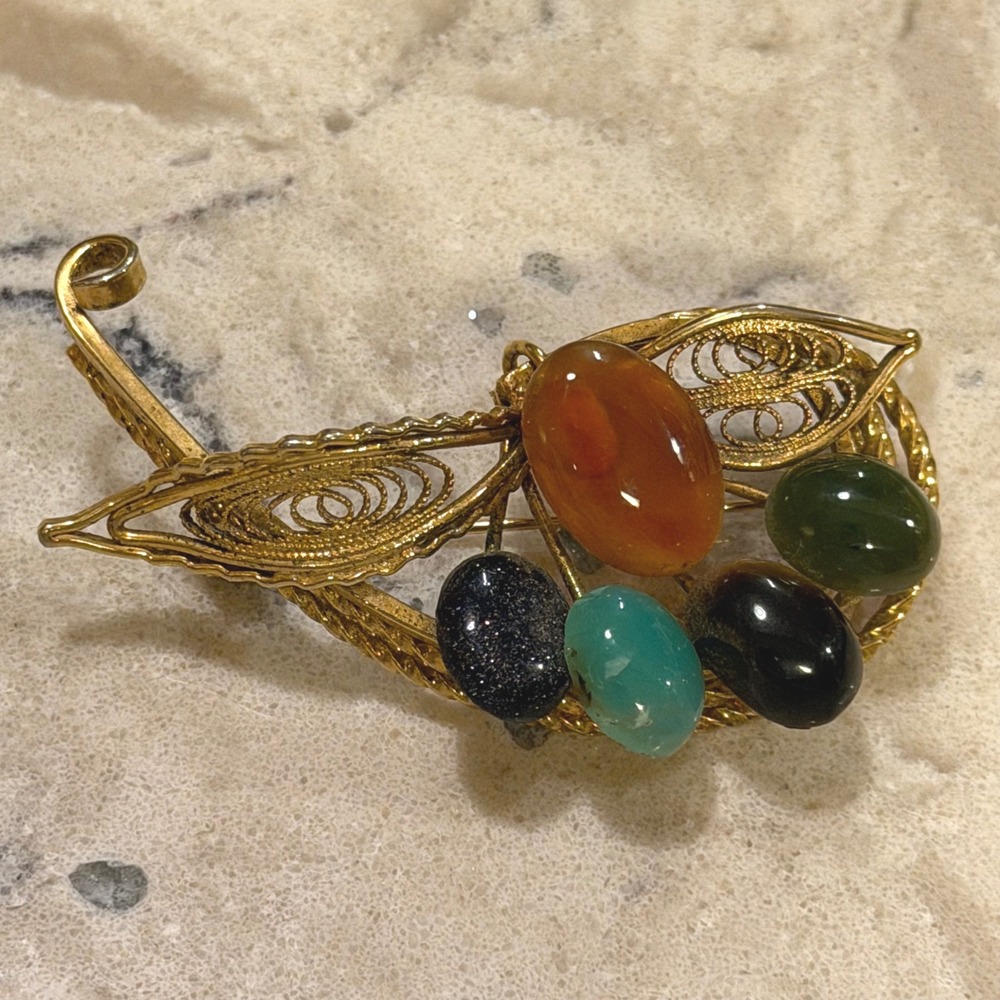 Vintage 1960s Gold Tone Filigree Leaf Brooch Multi Color Cabochon Stone Pin